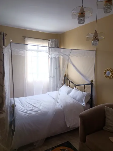 Canopy bed by the window with designer pendant lights