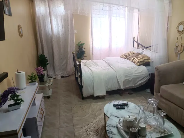 Suite with canopy bed, indoor plants and crystal wall lights